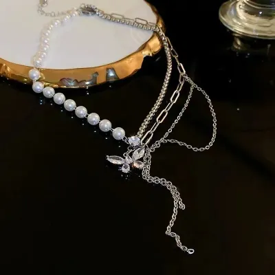 Vintage Pearl Crystal Butterfly Tassel Chain Necklace